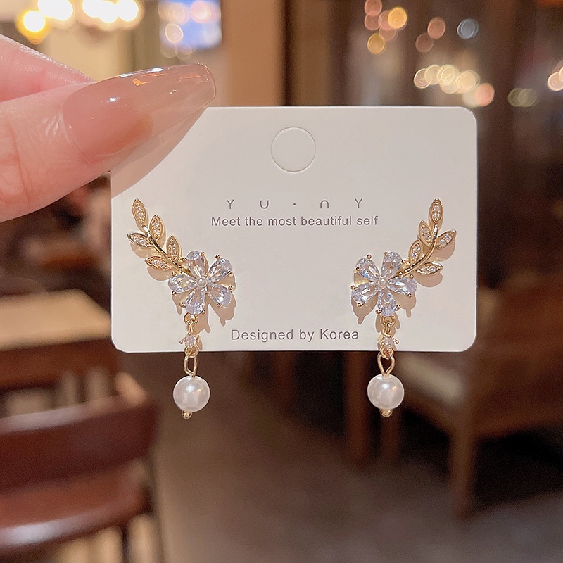 Anting Tusuk Sterling silver 925 Desain Bunga + Daun Hias Zircon + Mutiara Untuk Wanita