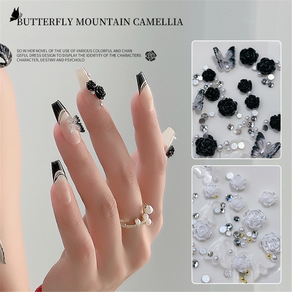 Ins Set Hiasan Bunga Camellia + Mutiara Imitasi Warna Hitam / Putih Untuk Dekorasi Nail Art DIY