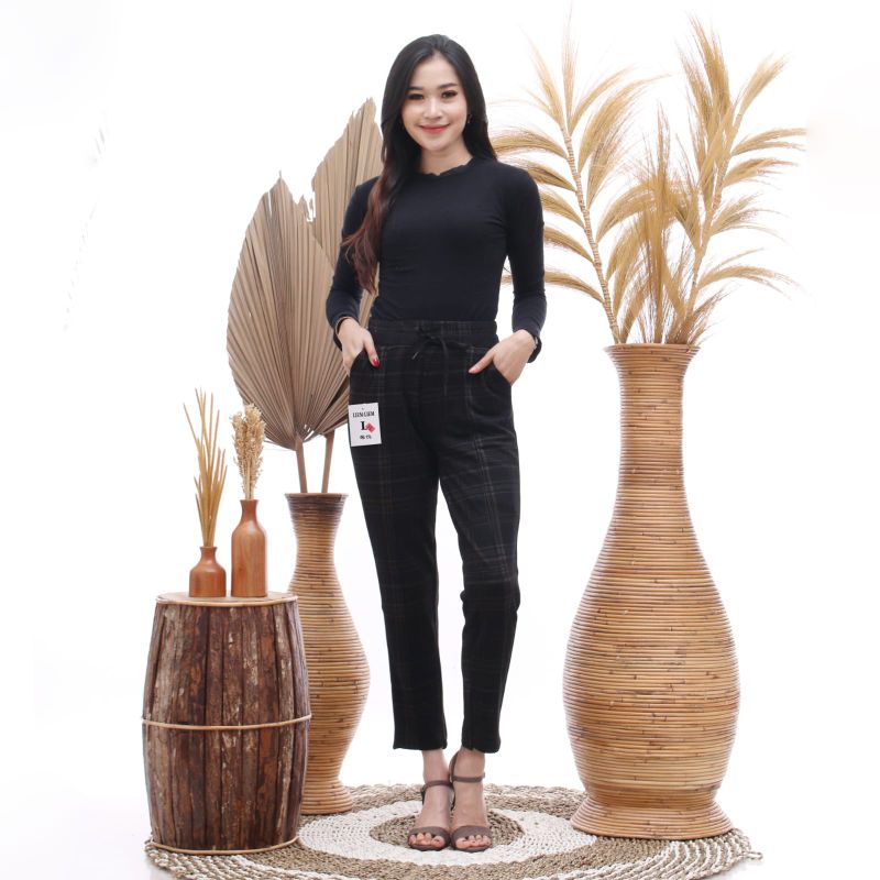 Baggy Pants Wanita Melar Motif Kotak-kotak