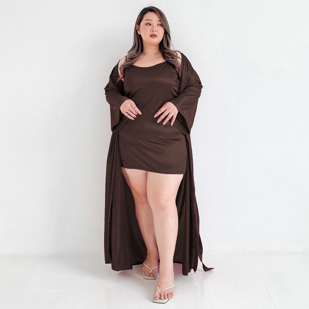 FOLVA kimono set panjang piyama satin 1382KGSET_XL Coklat XL jumbo