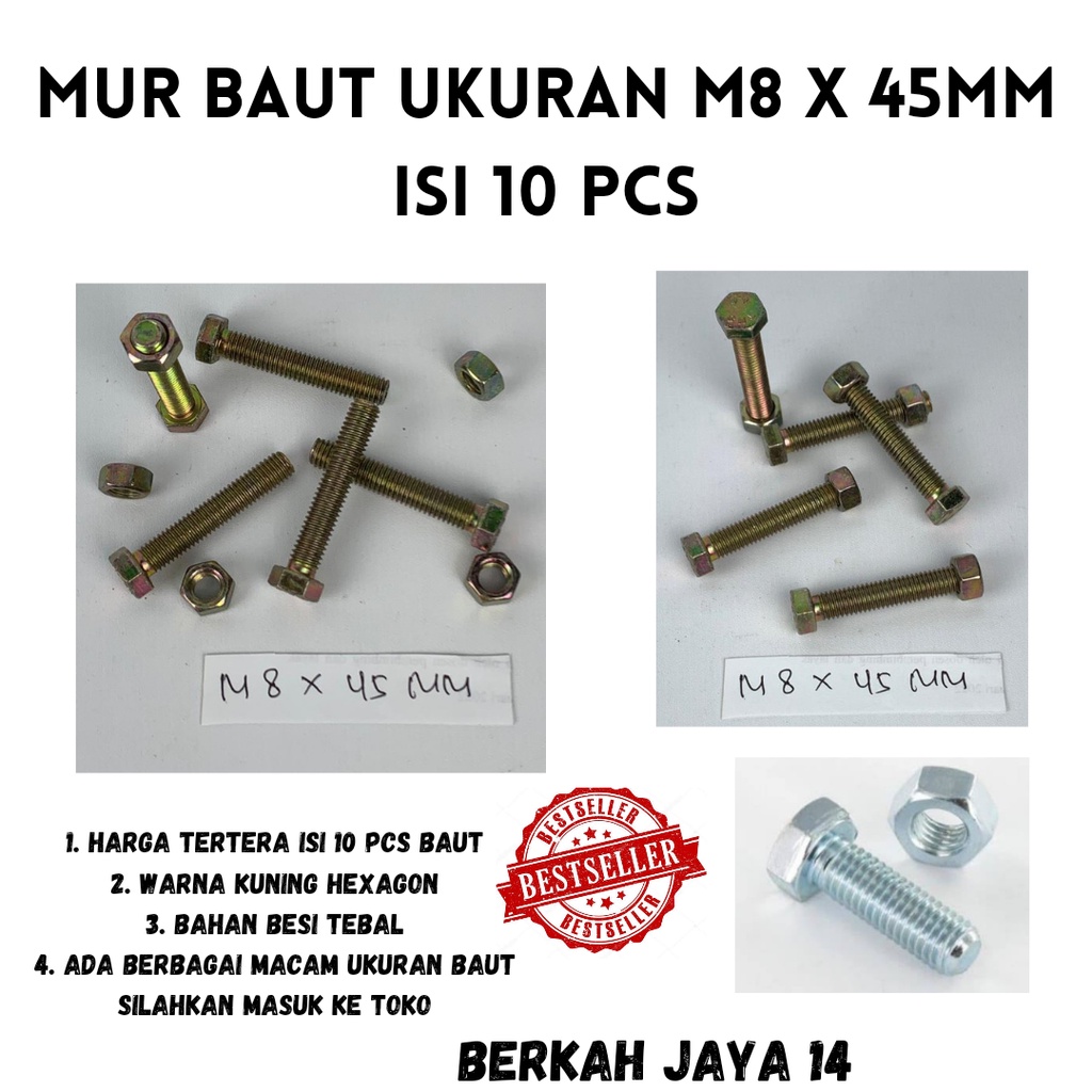 BAUT M8X45 MM ISI 10 PCS WARNA KUNING HEXAGON HEX BMK MUR BAHAN BESI TEBAL HARGA MURAH BERKUALITAS PROMO DISKON TERLARIS