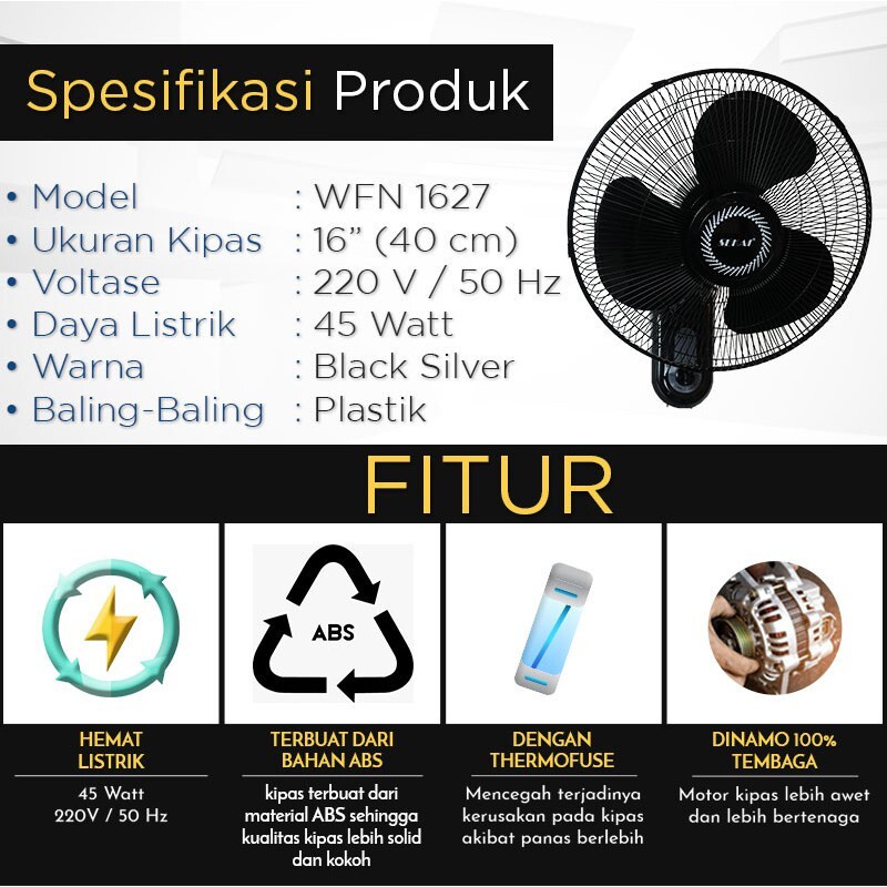 Sekai Wall Fan Kipas Angin Dinding 16 inch WFN 1627/ WFN1627 Hitam