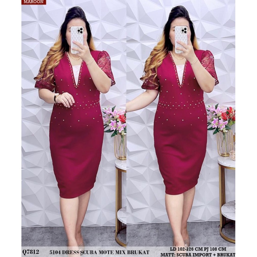 Dress 5102 Okky motif mutiara bahan scuba, brukat import, dan satin