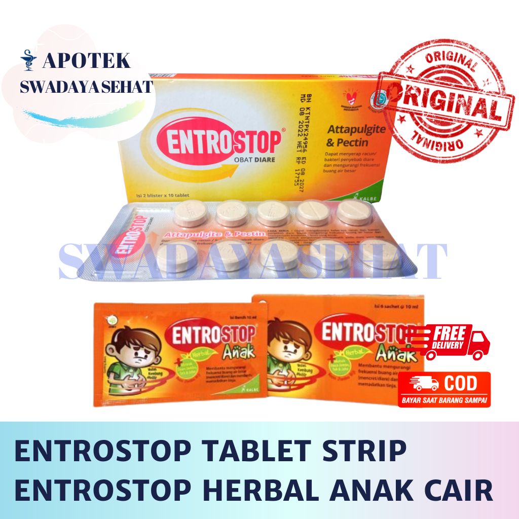 ENTROSTOP Strip 10 Tablet Dewasa Sachet - Herbal Anak Cair Sachet 10 ML Rasa Jambu Obat Diare Mencret BAB