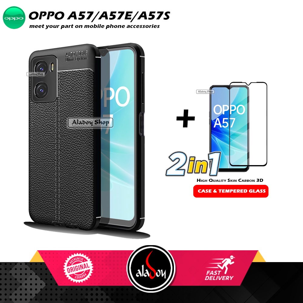 Case Oppo A57 / A57S / A57E 4G Softcase Leather + Tempered Glass Layar Full Cover