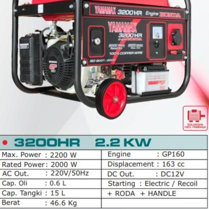 Generator Yamamax Pro 3200Hr Honda 4 Tak Genset 2000 Watt Bensin