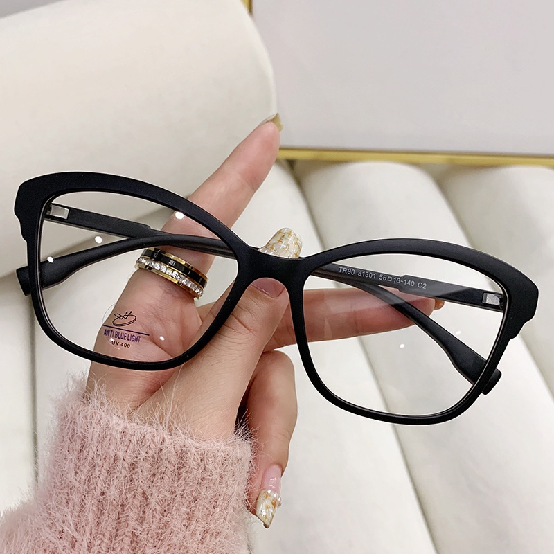 Tr90 Kacamata Cat Eye Lensa Flat Anti Sinar Biru Frame Metal Gaya Retro