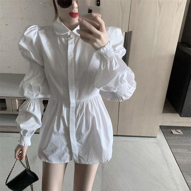 Red French niche puff sleeve dress women s autumn two-piece suit temperamen slim waist white shirt A-line skirt