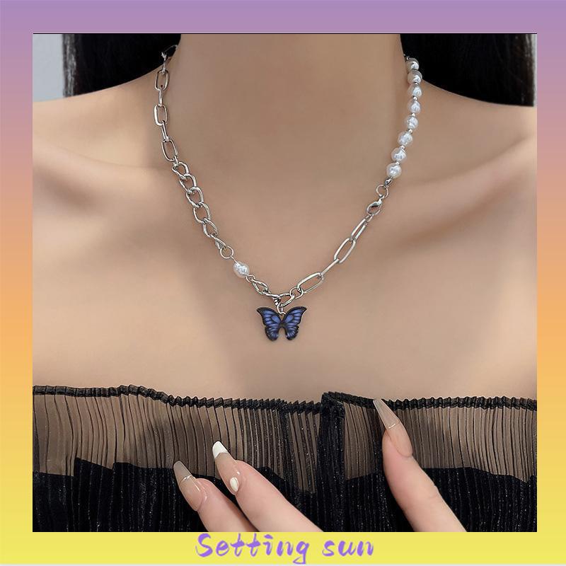 Kalung Rantai Kupu-Kupu Mutiara Desain Choker Fashion Korea Gaya Untuk Wanita TN