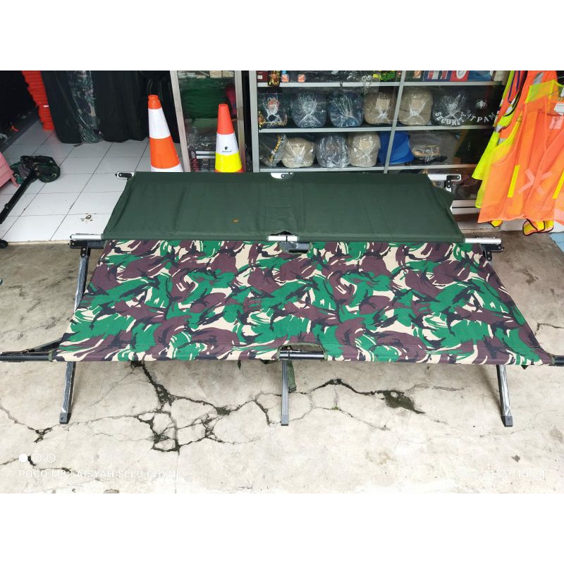 VELBED ALUMINIUM LORENG /HIJAU ARMY STANDAR TNI/FOLDING BED/TEMPAT TIDUR