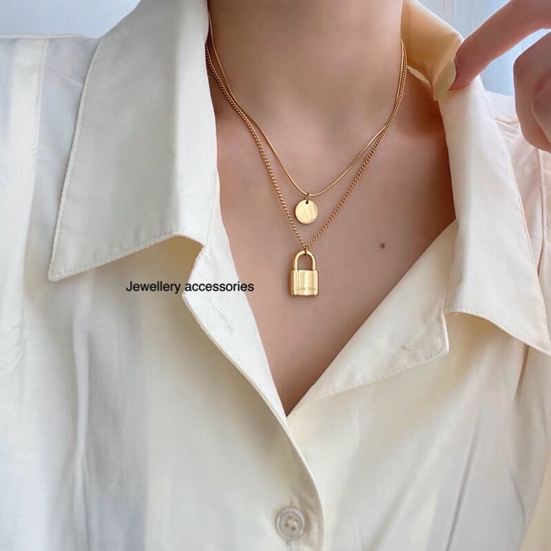 Kalung Titanium 2 Layer Gembok Koin Trending Korea Fashion Style