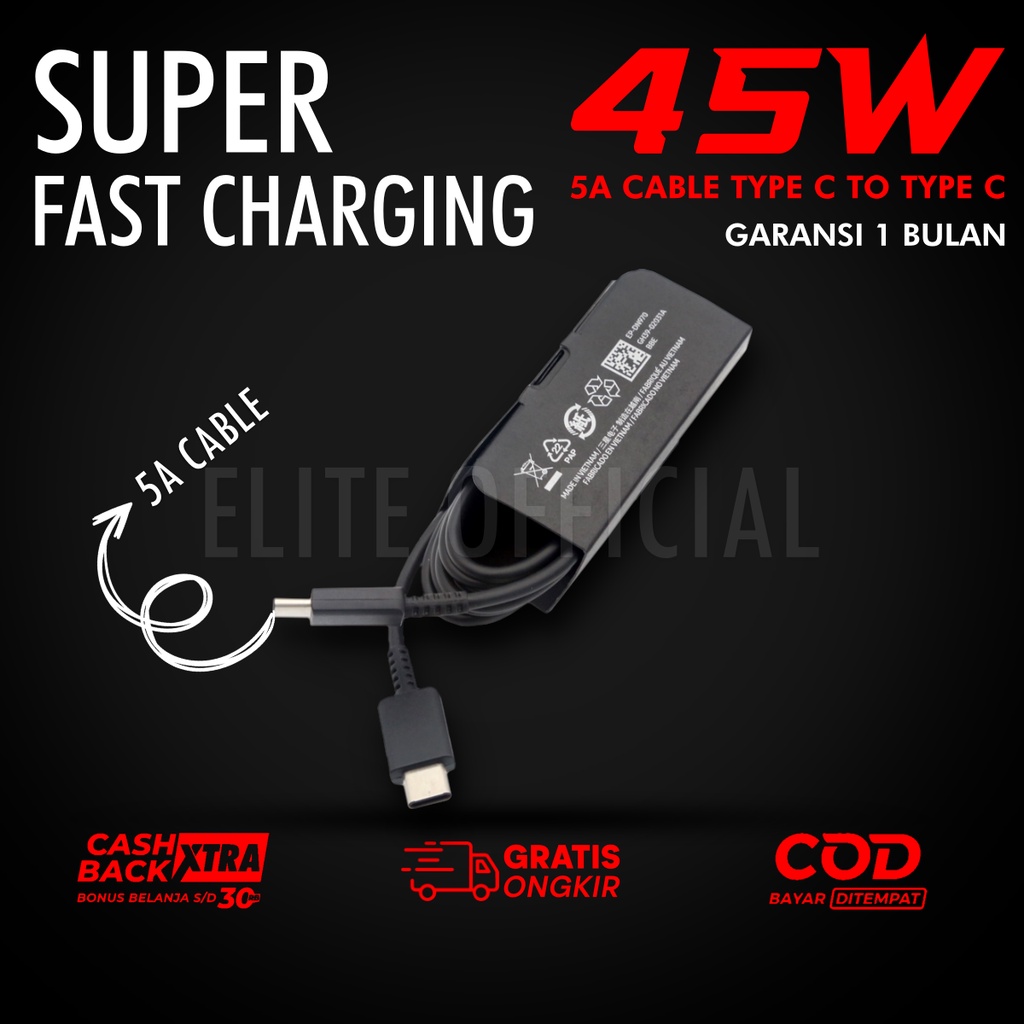 Charger 45W Type C to Type C Original 100% Super Fast Charging 5A Cable