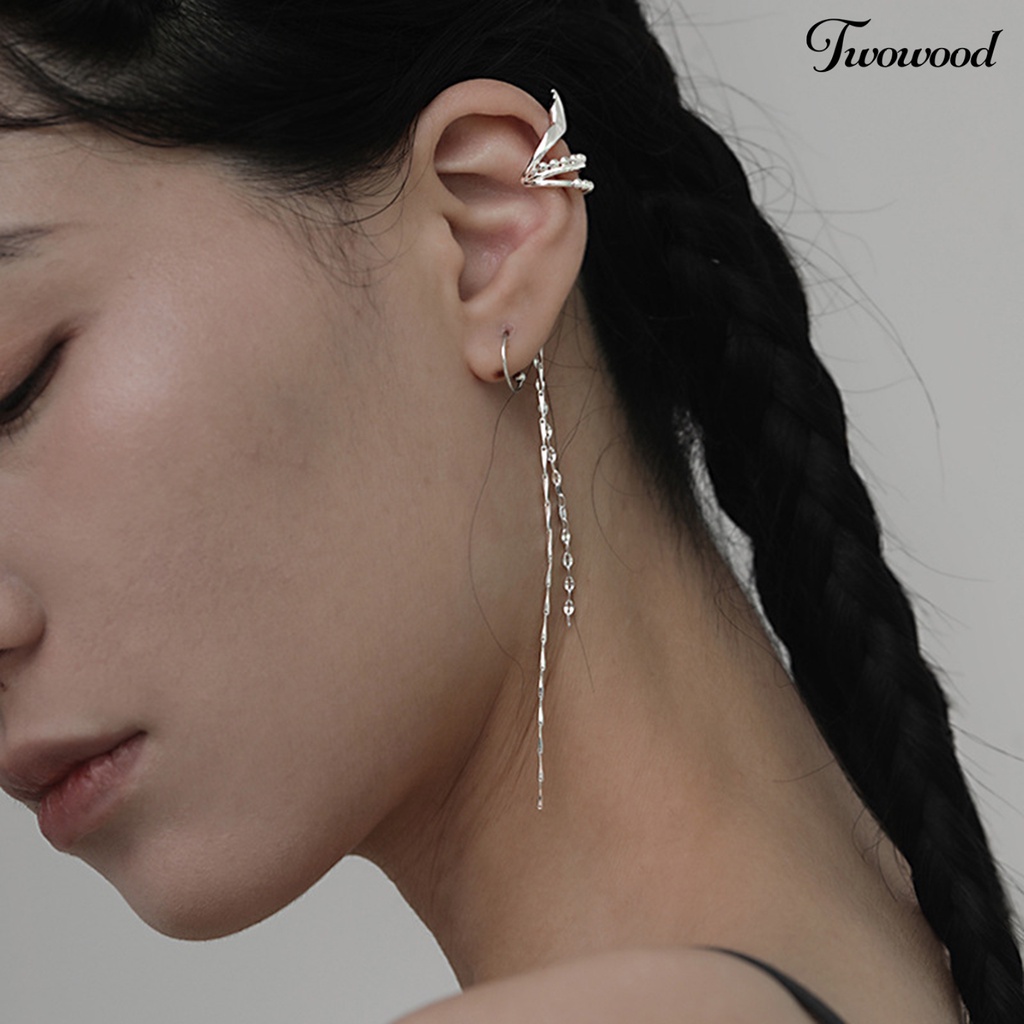 1 Pc Anting Klip Telinga Kanan Bentuk Geometris Model Rumbai Panjang Gaya Gothic Untuk Wanita
