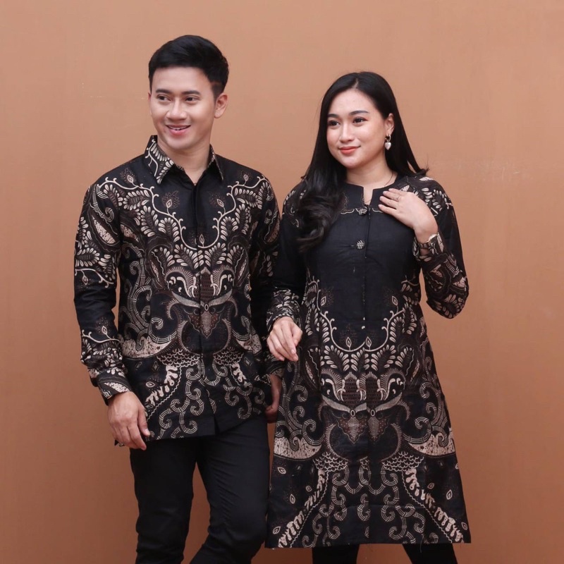 Atasan Batik Tunik Couple Wanita Best Seller Couple Kemeja Pria Lengan Panjang Matt Katun - Motif Mahkota Hitam