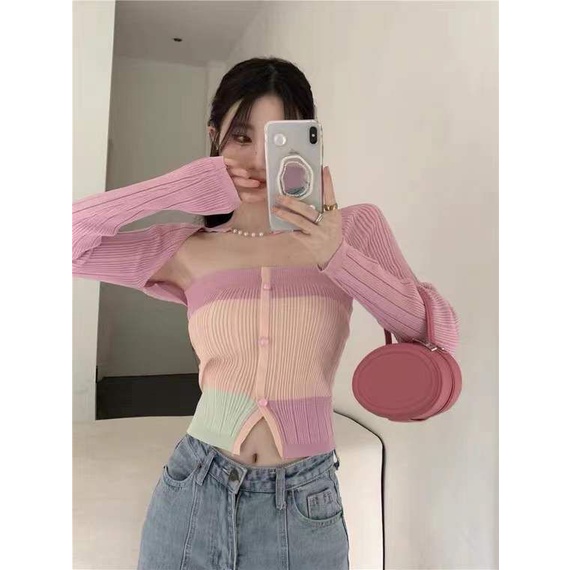 Red Sweet babes hit color slim lengan panjang rajutan sweater wanita musim gugur keinginan murni gaya blus pendek rompi top dua potong set