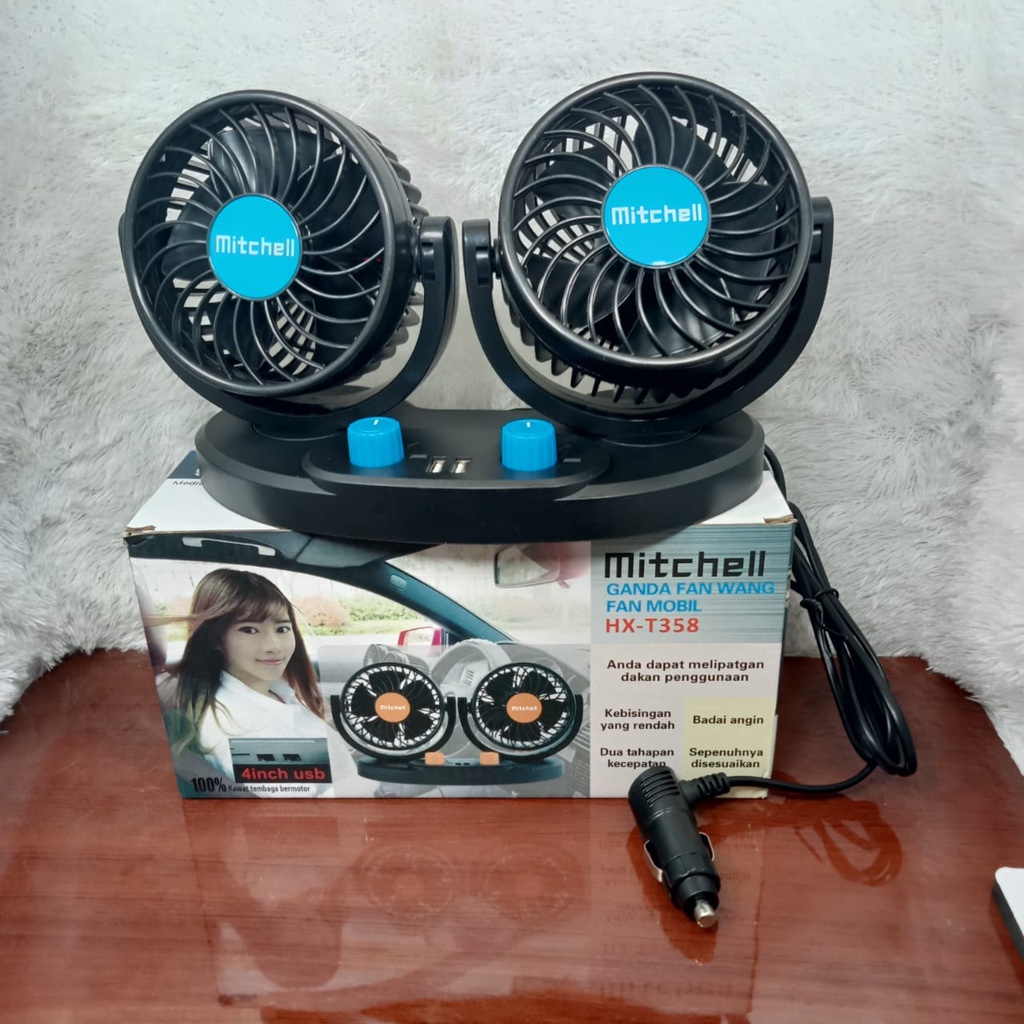 KIPAS ANGIN MOBIL MITCHELL DOUBLE FAN 12V 24V DOUBLE HEADED USB CHARGER 12VOLT 24VOLT