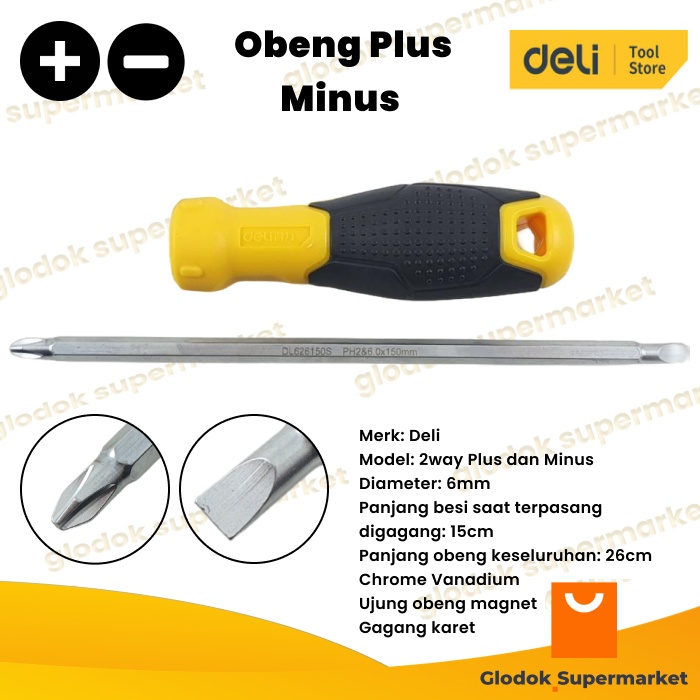 Obeng Bolak Balik Gagang Karet Panjang Besi 15cm Diameter 6mm Deli Plus Minus Magnet 2 Way DL626150S