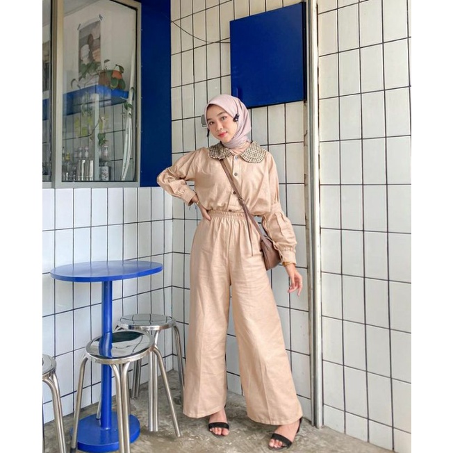 NAOMI SET ONE SET by Pinkhijab_boutique (Blouse &amp; Culotte) WARNA CREAM &amp; TAUPE ONESET CRINKLE PREMIUM NAOMI BLOUSE SETELAN WANITA