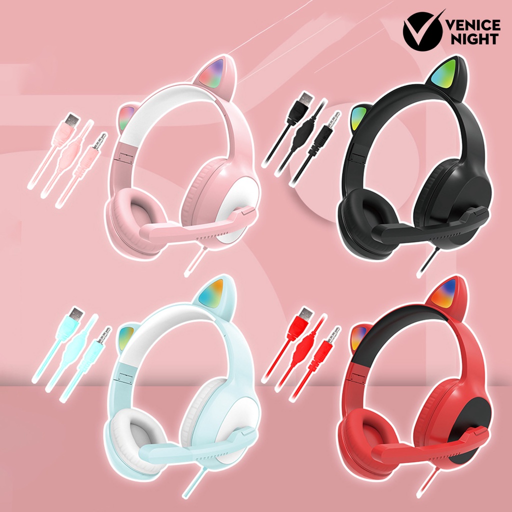 (VNEP) (Berkabel) G19 Headset Pengurang Kebisingan Bentuk Telinga Kucing 7.1 Saluran HiFi Over Ear Headphone dengan Mikrofon untuk Bermain Game