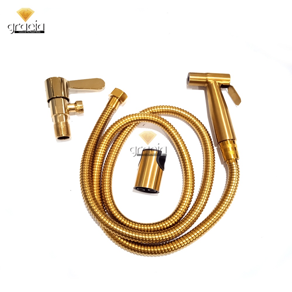 1 Set Shower Jet Washer Gold Stainless SUS 304 Bidet Cebok Kloset Closet WC Kamar Mandi + Stop Kran Single Sambungan  Selang 1/2 inch