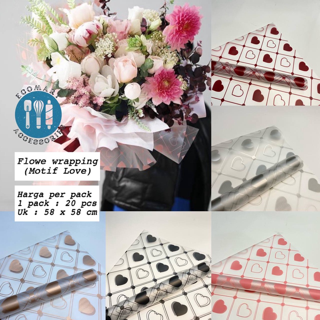 20 pcs Flower Wrapping Bouquket Motif Love/Kertas Buket Bunga Anti Air