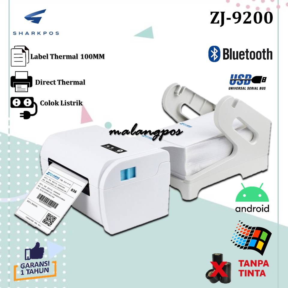 Printer Barcode Thermal Sharkpos ZJ 9200 Usb Bluetooth 110MM Cetak Stiker Resi A6