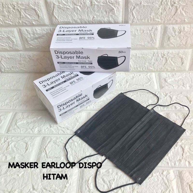 MASKER MEDIS HITAM | MASKER EARLOOP 3 PLY | MASKER DISPOSABLE