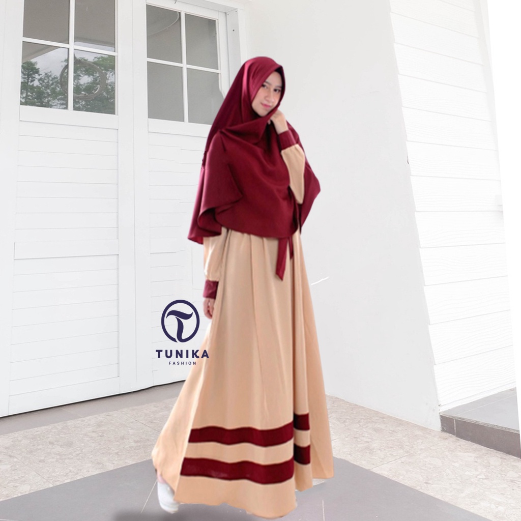 Dress set hijab NS007 Gamis Wanita Leisha Syari Motif Polos Strip Bawah