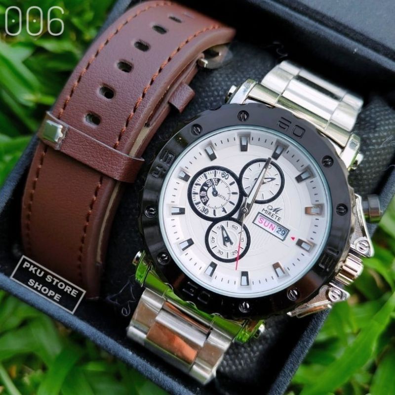 Jam Tangan Pria Mirete 2 Tali Original Rantai Stainless Steel Tanggal DAN hari Aktif Tahan Air Free Batrai Cadangan | JAM Tangan Mirete Import Pria Rantai Stainlees Steel Silver Tombol Mreah / Hitam Rosgold / FUL Black / JAM TANGAN MIRETE RIA 2 TALI