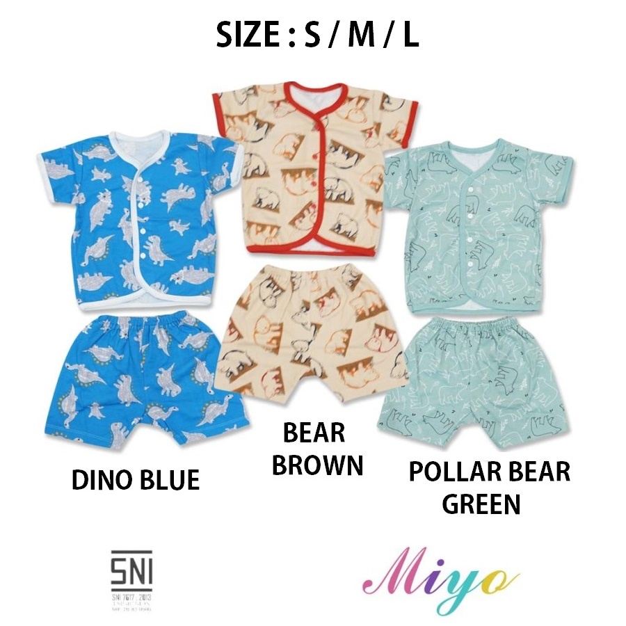 Baju Bayi Setelan Lengan Pendek Kancing Depan Piyama Anak Newborn/SML Miyo Motif Dino Grey (1 Stel)