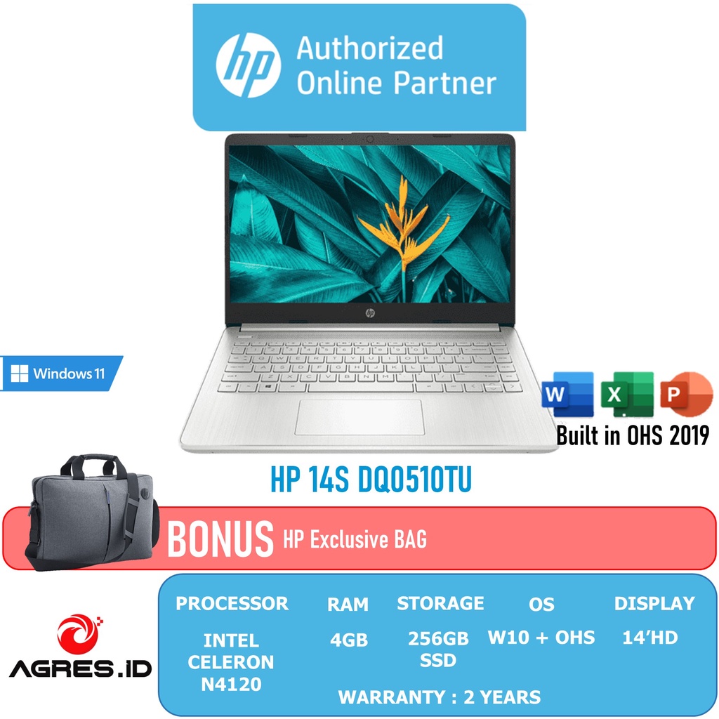 HP Laptop 14s-DQ0508TU / DQ0510TU N4120 / 4GB / 256ssd / W10+OHS / 14.0 HD / Blit / 2Yr SLV