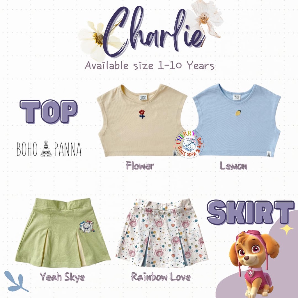 Bohopanna Charlie Top / Skirt 1-10 Tahun Crop Top Bunga Skirt Paw Patrol Anak Perempuan CBKS