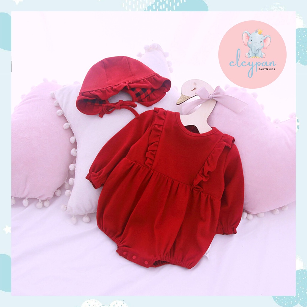 Romper Bayi Perempuan Free Topi Bonnet / Red Dress Impor Baju Imlek Merah Anak Cewek Baby Jumper Dress Import