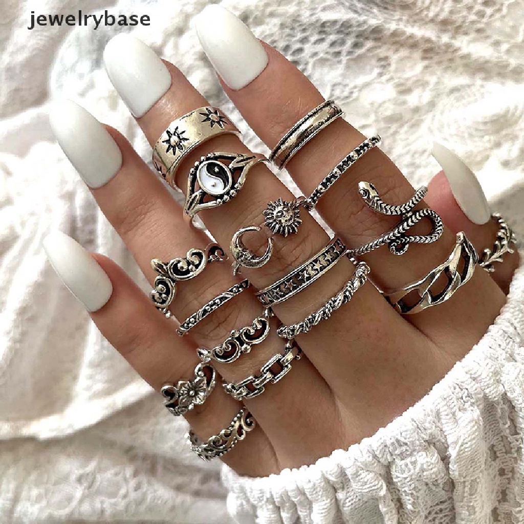 16pcs / Set Cincin Desain Ular Bulan Matahari Bahan Alloy Gaya Retro Untuk Wanita