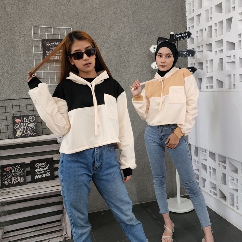 Sweater croope wanita AGNES POCKY HOODIE baju croptee cewek murah