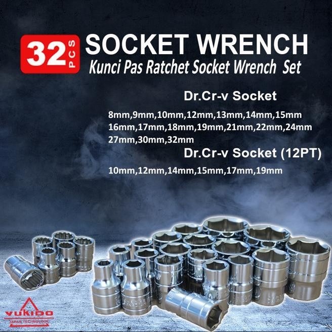 SHOCK SET 1/2 INCH KUNCI SOK 32-PCS KUNCI SOCK SET FULL LENGKAP SOCKET TOOL MOTOR MOBIL KUALITAS TEKIRO