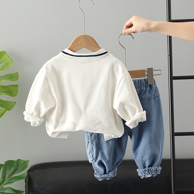 Setelan Anak Laki Laki Pakaian Set 2pcs Kaos Polo Lengan Panjang dan Celana Jeans Panjang Anak  Import