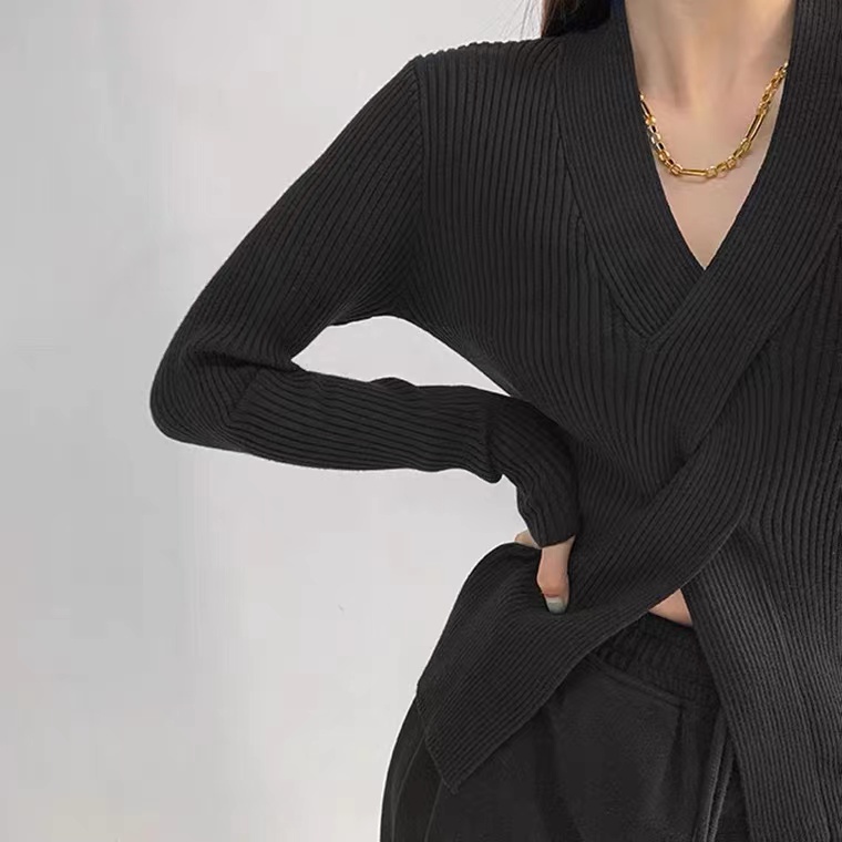 【Elegant】Casual Shirt Long Sleeve Knit V-Neck Atasan Wanita 7206