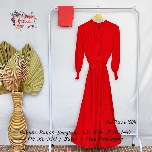 GAMIS POLOS MERAH MODEL PINGGANG KARET RAYON BANGKOK BUSUI FRIENDLY MAXI WANITA REMAJA DEPAN RUMBAI FREE PASHMINA