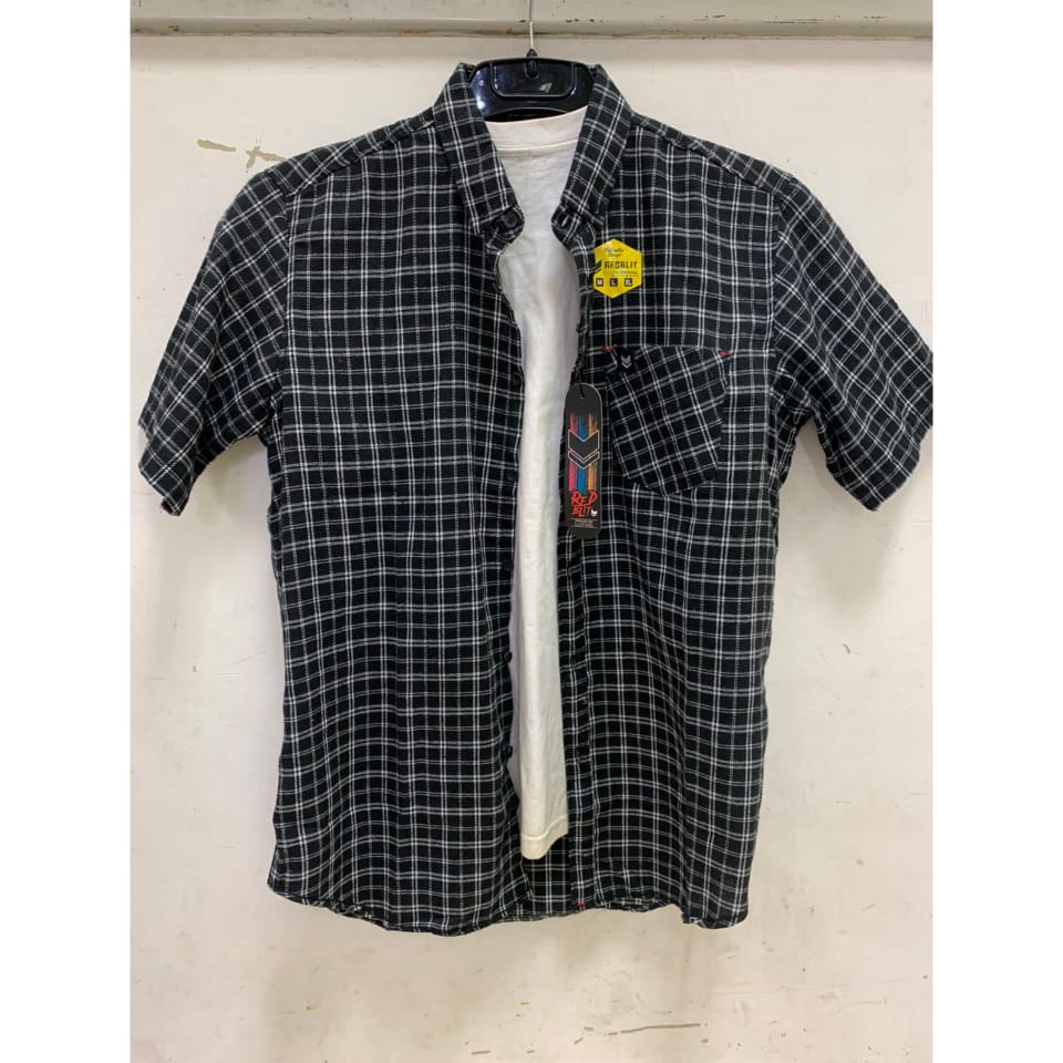 Kemeja kotak pria flanel atasan lengan pendek polos motif