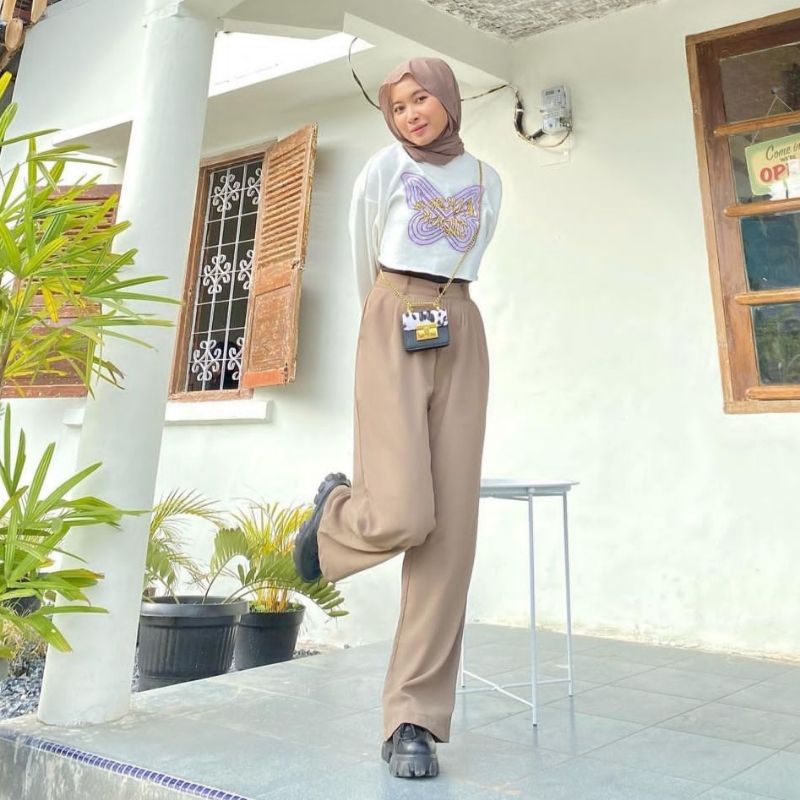 LOOSE PANTS TROUSERS CELANA ANTI KUSUT WANITA CELANA KULOT WANITA CELANA KANTOR FORMAL CELANA KERJA WANITA PINGGANG KARET JUMBO CELANA KANTOR WANITA CELANA BAHAN WANITA