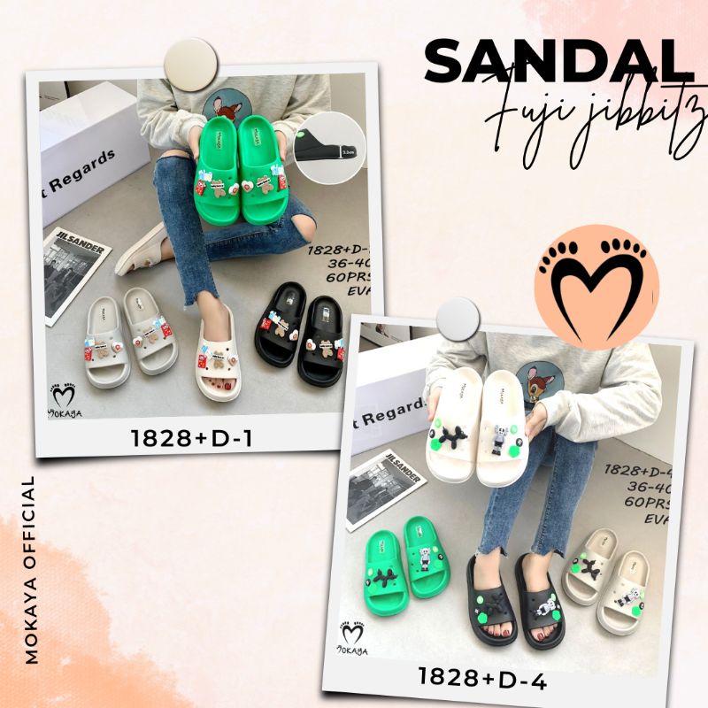 Sandal Slop Wanita Wedges Eva Fuji Viral Platform Tebal Motif Lucky Bear &amp; Kaws Balon Pizza Super Lucu Trendy Cantik Import Mokaya / Size 36-40 (1828+D-1/1828+D-4)