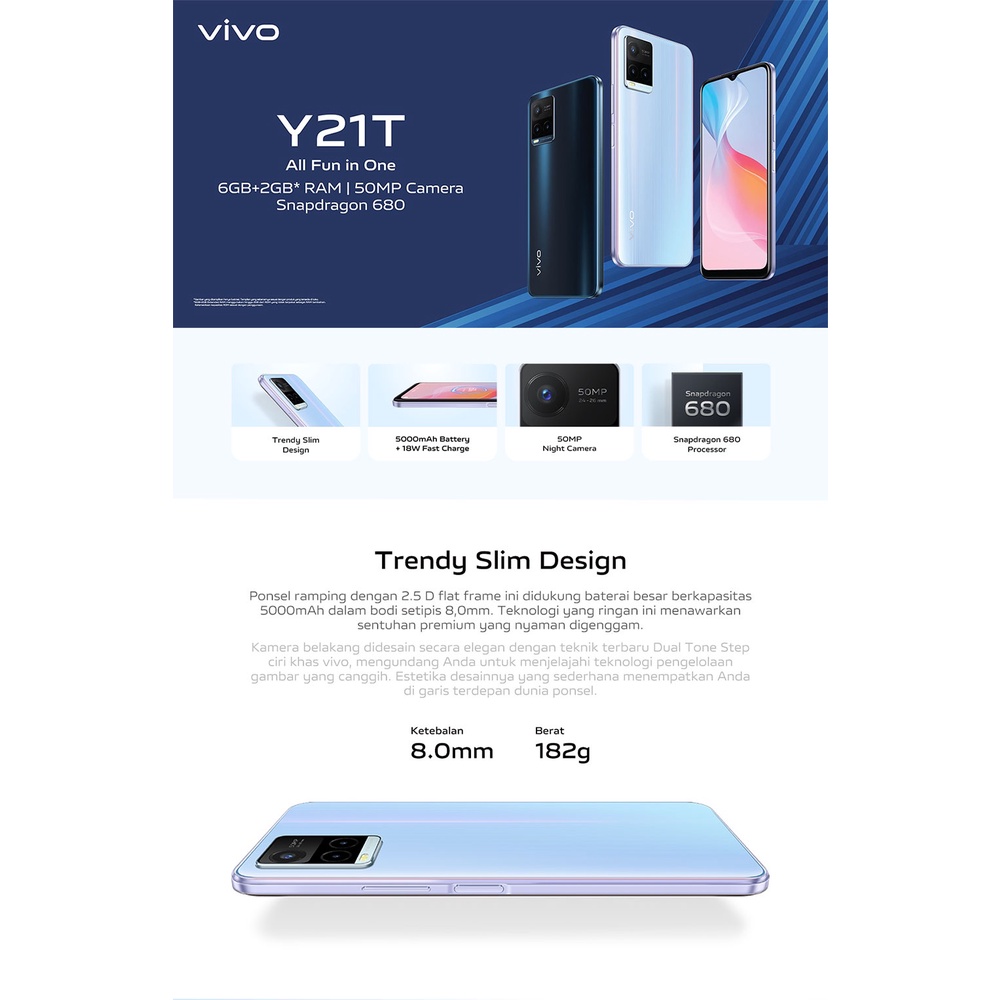 vivo Y21T - RAM 6GB+2GB Extended, ROM 128GB, 50MP Camera, Snapdragon 680