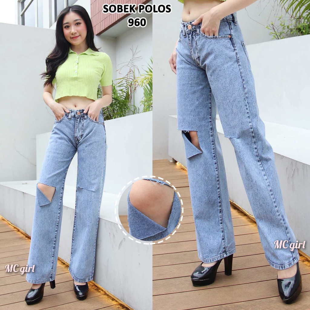 MC girl - Celana Jeans Kulot Sobek Polos Wanita / Kulot Panjang Lepis Koyak Tembus / Celana Denim Kulot Boyfriend Ripped Tidak Ada Lapisan