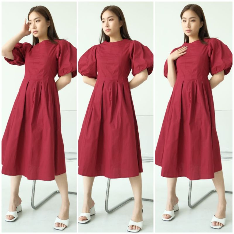 ❣️ SPECIAL PRICE ♡ PREMIUM ♡ ORIGINAL ! VALERRINE VINTAGE PLAIN PUFF PLUFFY BALOON SLEEVE MIDI  DRESS