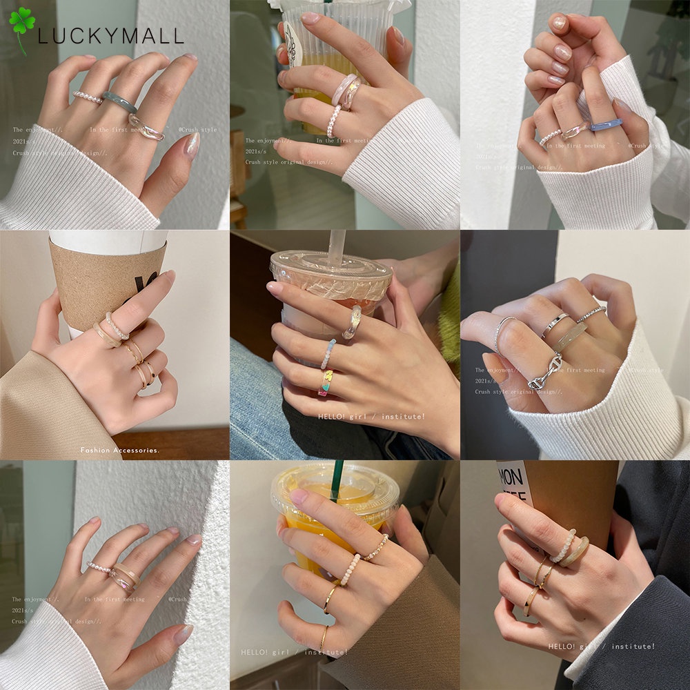 Set Cincin Manik-Manik Mutiara Bahan Resin Gaya Korea Untuk Wanita