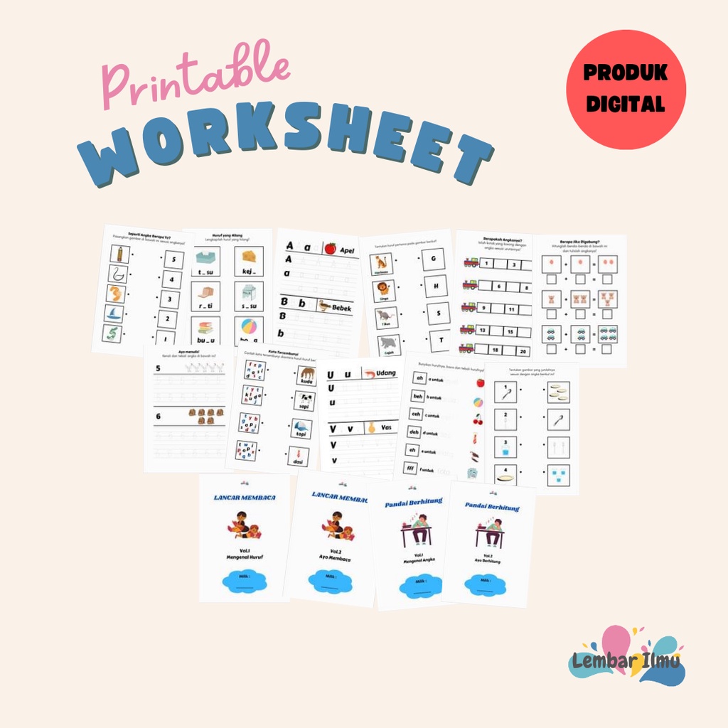 

Printable Worksheet Lembar Aktivitas CALISTUNG Baca Tulis Hitung untuk Anak Preschool/PAUD/TK (DIGITAL FILE/PDF)