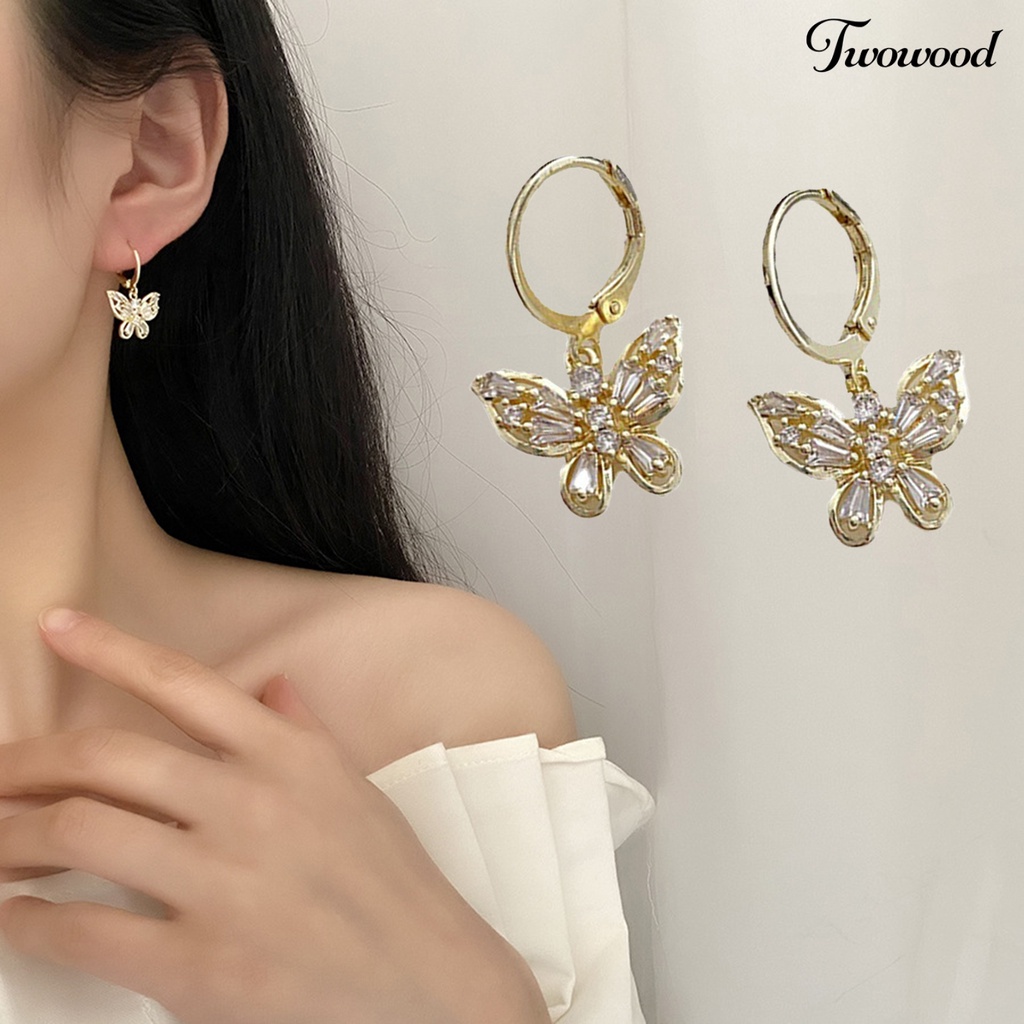 1 Pasang Anting Drop Zircon Bentuk Kupu-Kupu Model Hollow Out Non Alergi Untuk Kencan