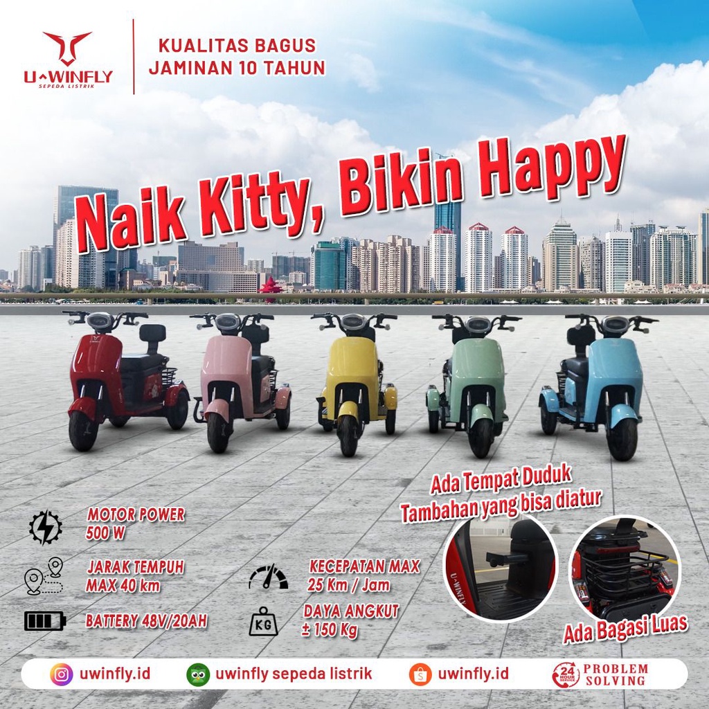 TERBARU SEPDA LISTRIK E-BIKE UWINFLY KITTY RODA TIGA GARANSI RESMI