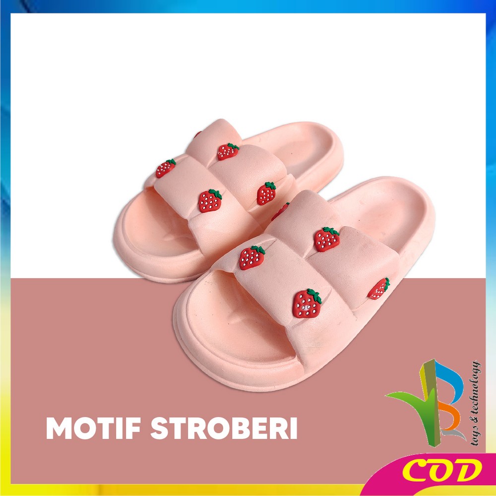 RB-S50 Sandal Selop Wanita Bahan PVC Motif Strawberry Korean Style Elastik Empuk Anti Slip / Sendal Jelly Soft Slipper Import